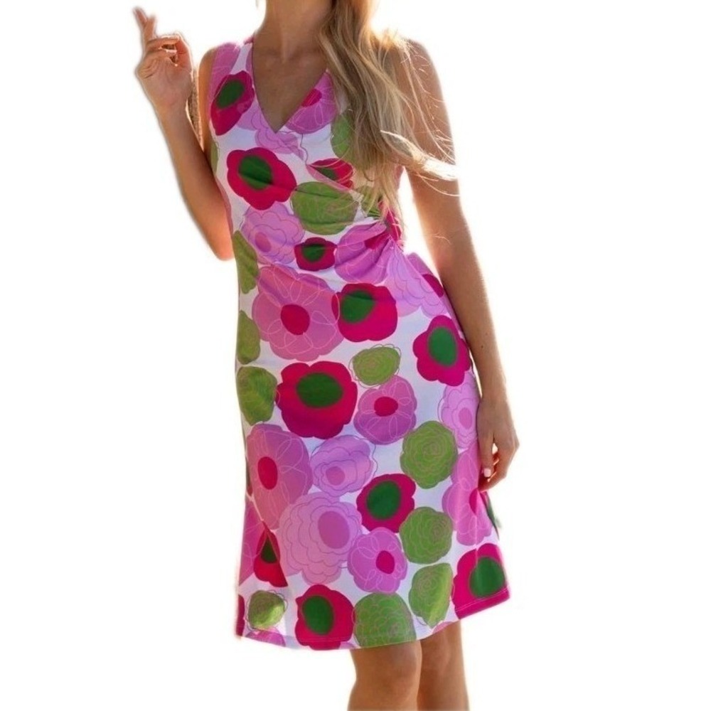 Lesley Evers Gina Wrap Dress Womens XS Midi Pink Floral Sleeveless Flower Charm